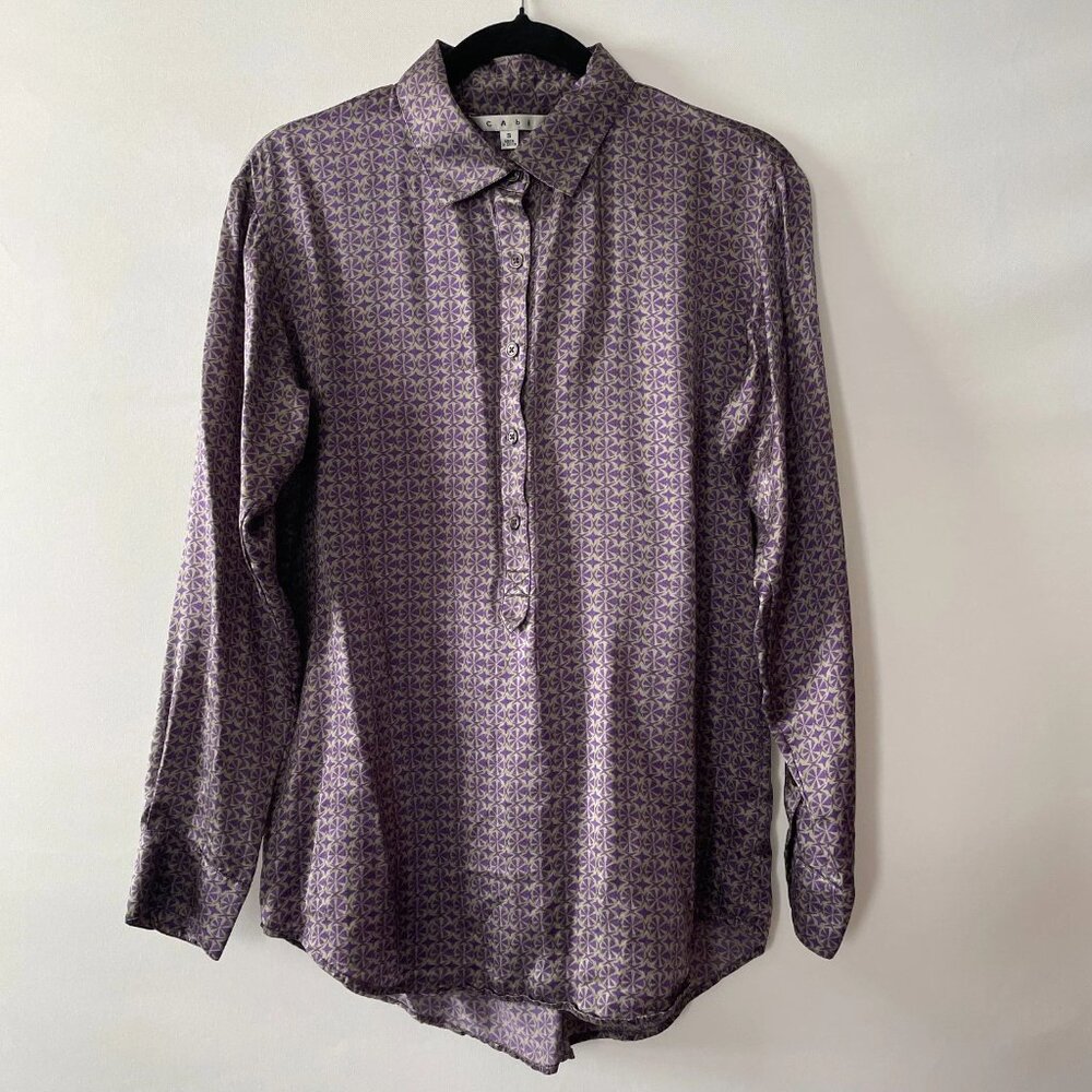 Cabi Style 117 Womens Purple Geometric Print Silk Popover Blouse Top Size Small